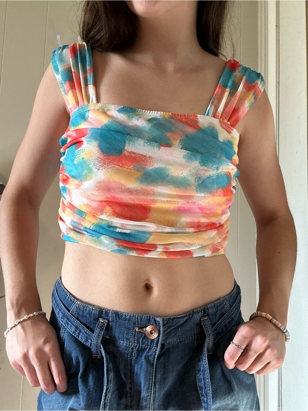 Multicolor Watercolor Ruched Square-Neck Crop Top
